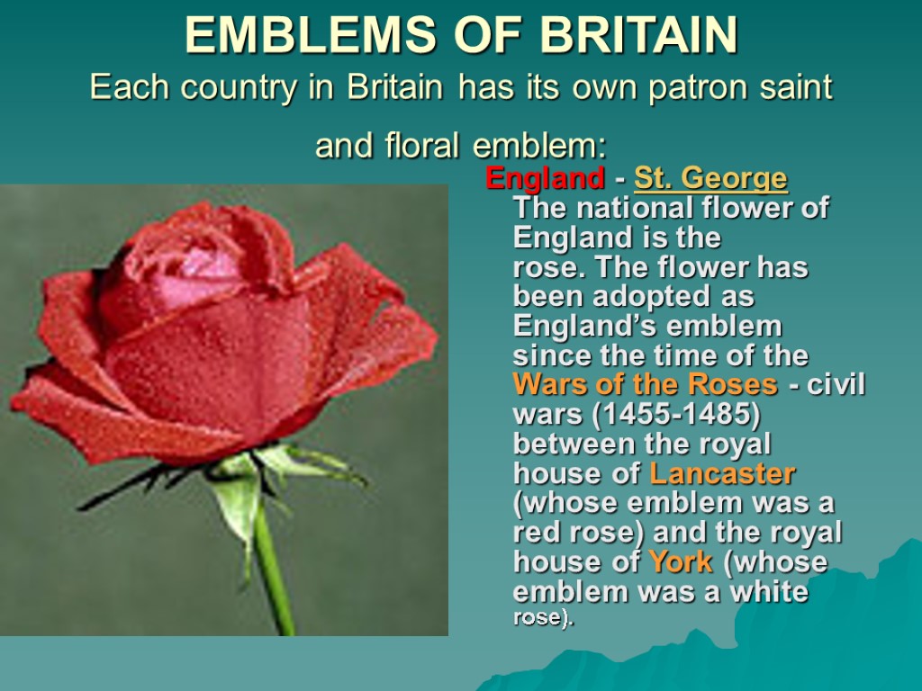 EMBLEMS OF BRITAIN Each country in Britain has its own patron saint and floral